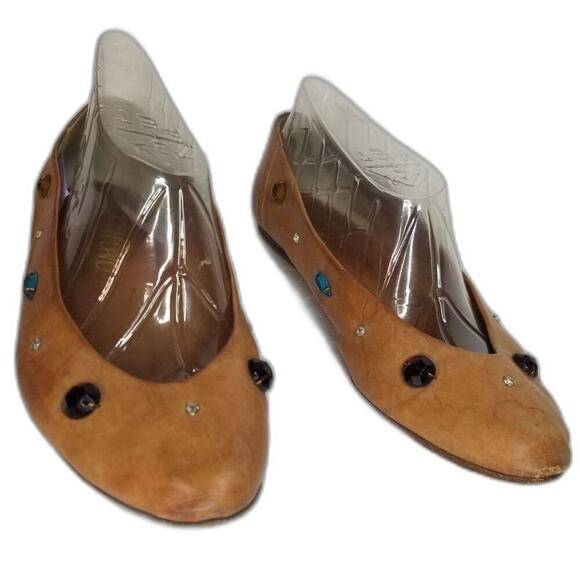 80s Vintage Joan & David Vegetable Tanned Leather Be-jeweled Tan Flats Size 7.5 - Picture 2 of 8